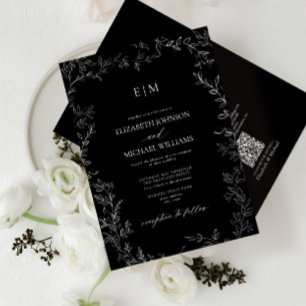 QR Code Elegant Leaf Black White Monogram Wedding Invitation