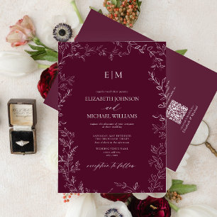 QR Code Elegant Leaf Burgundy Monogram Wedding Invitation