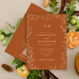 QR Code Elegant Leaf Burnt Orange Monogram Wedding Invitation