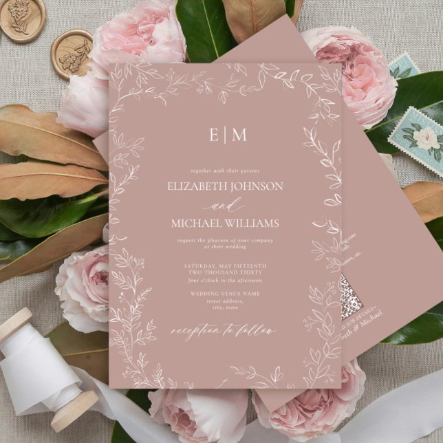 QR Code Elegant Leaf Dusty Rose Monogram Wedding Invitation (Creator Uploaded)
