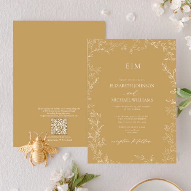 QR Code Elegant Leaf Gold Monogram Wedding Invitation (Creator Uploaded)