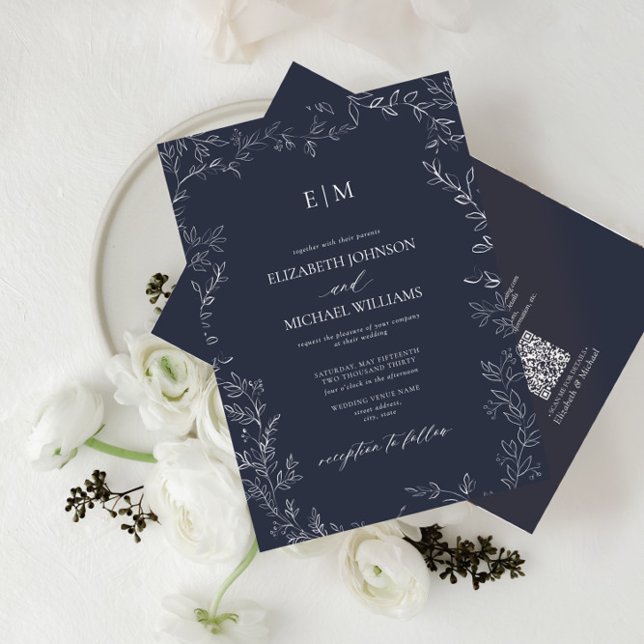 QR Code Elegant Leaf Navy Blue Monogram Wedding Invitation (Creator Uploaded)