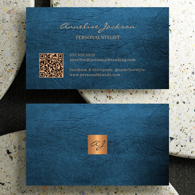 QR code elegant luxury blue leather gold monogram  Business Card (Creator Uploaded)