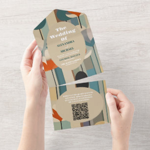 QR Code Elegant Mid Century Floral Wedding All In One Invitation