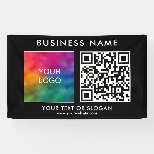 QR Code Elegant Modern Black Business Name Logo Banner (Horizontal)