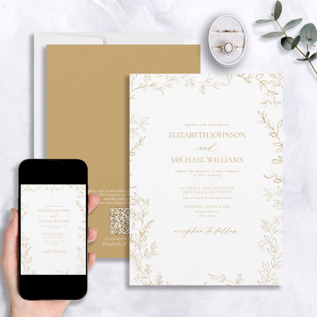 QR Code Elegant Modern Minimal Leaf Gold Wedding Invitation (Creator Uploaded)