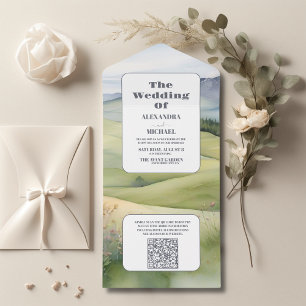 QR Code Elegant Mountain Meadow Wedding All In One Invitation