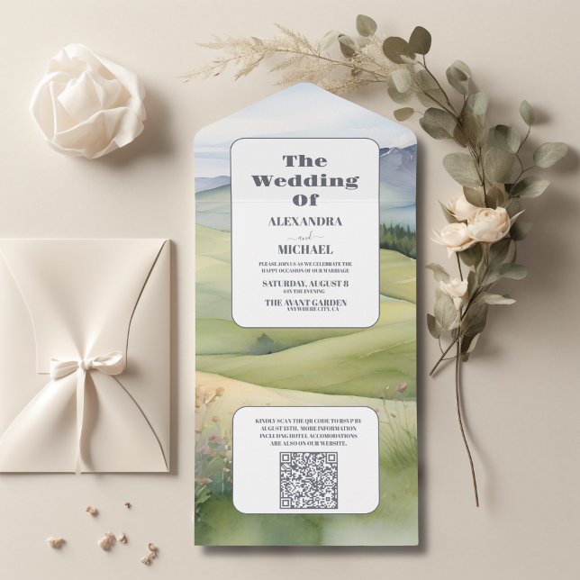 QR Code Elegant Mountain Meadow Wedding All In One Invitation (Creator Uploaded)