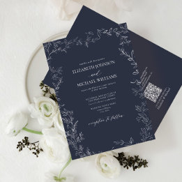 QR Code Elegant Navy Blue Minimal Leaf Wedding Invitation