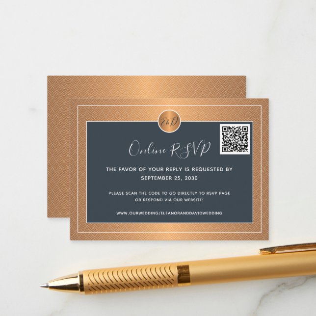 QR CODE elegant navy gold wedding website Enclosure Card (Front/Back In Situ)