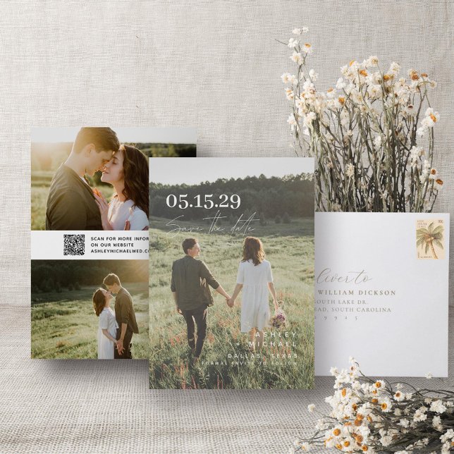 QR Code Elegant Overlay Modern Typography 3 Photo Save The Date (QR Code Save the Date!)
