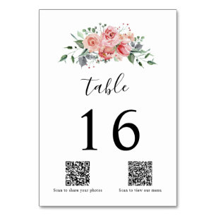 QR Code Elegant Pink Rose Watercolor Wedding Table Number