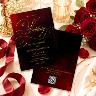 QR Code Elegant Red Black Gold Calligraphy Wedding Invitation
