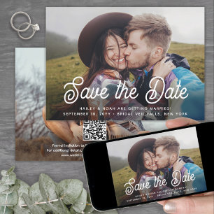 QR Code Elegant Retro Script Two Photo Wedding Save The Date