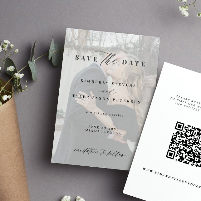 QR code elegant script black white photo wedding Save The Date (Creator Uploaded)