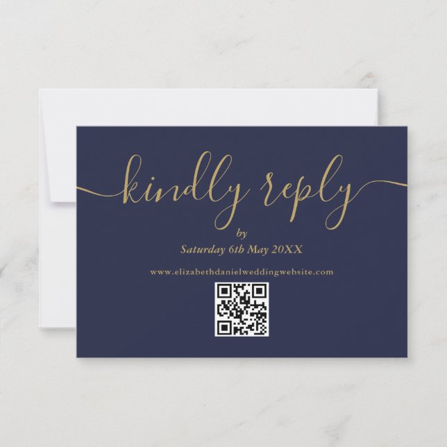 QR Code Elegant Script Kindly Reply Navy Blue Gold RSVP Card (Front)