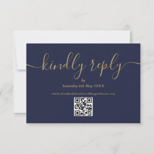 QR Code Elegant Script Kindly Reply Navy Blue Gold RSVP Card