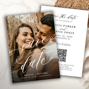 QR code elegant script photo wedding save the date
