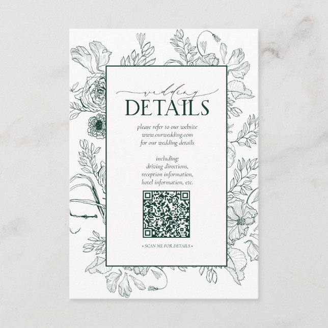 QR Code Emerald Green Floral Wedding Details Enclosure Card (Front)