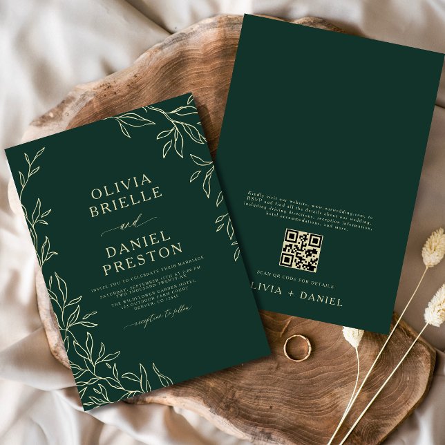 QR Code Emerald Green & Gold Minimal Leaf Wedding Invitation (Creator Uploaded)