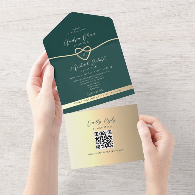 QR Code Emerald Green Gold Wedding All In One Invitation (Tearaway)