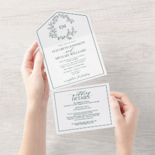 QR Code Emerald Green Leafy Crest Monogram All In One Invitation