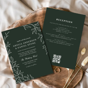QR Code Emerald Green Minimal Leaf Wedding  Invitation