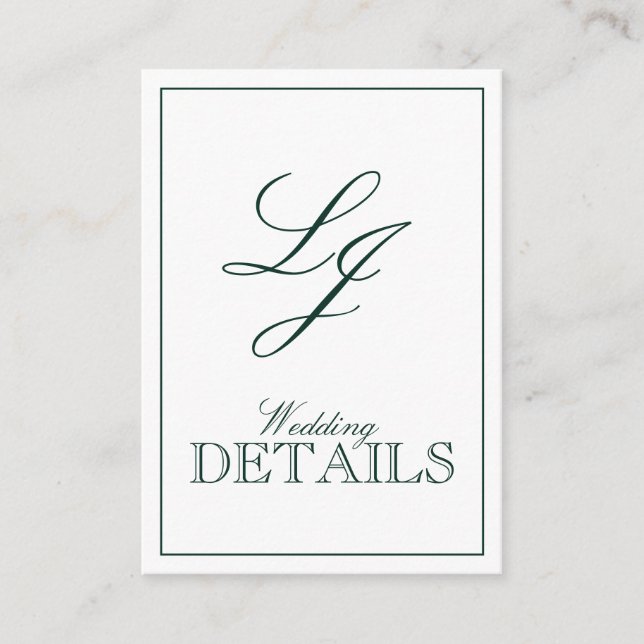 QR Code Emerald Green Monogram Wedding Details Enclosure Card (Front)
