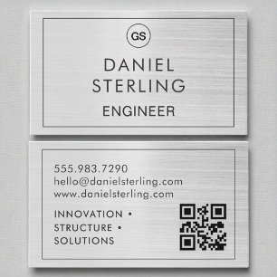 QR Code Engineer Brushed Silver Monogram  Business Card