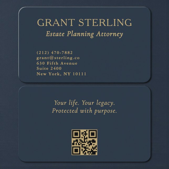 QR Code Estate Planning Attorney Navy Blue Gold  Business Card (Creator Uploaded)