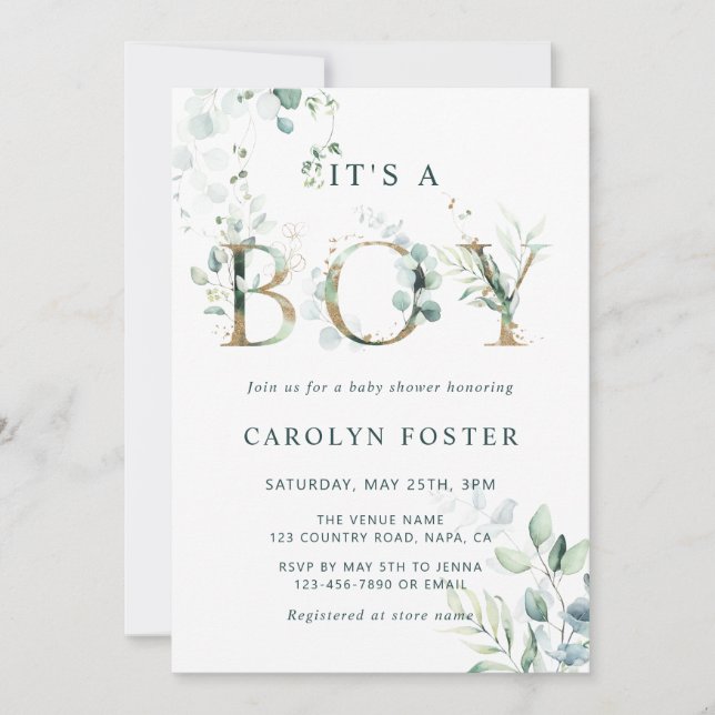 QR Code Eucalyptus Gold Letter Boy Baby Shower     Invitation (Front)