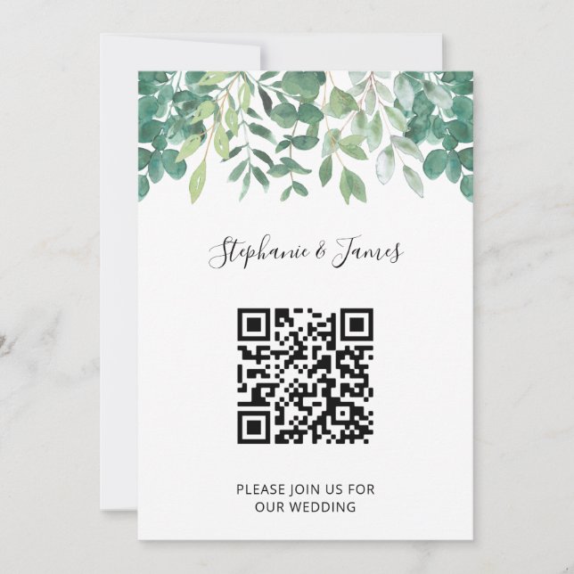 QR Code Eucalyptus Greenery Wedding Invitation (Front)