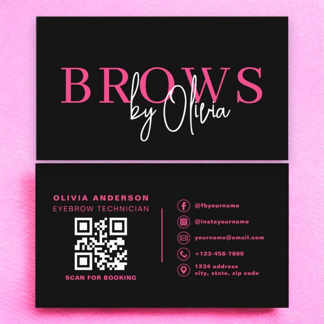 QR Code Eyebrows Brows Artist Hot Pink Black Business Card (Creator Uploaded)