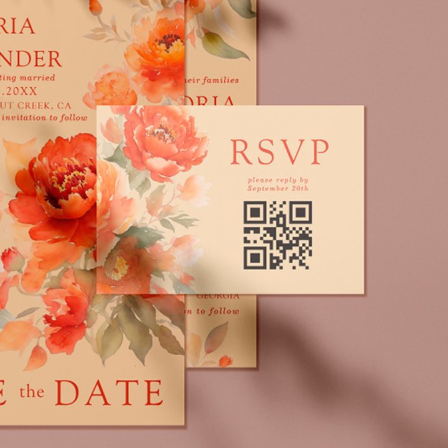 Qr Code Fall Burnt Orange Floral Wedding RSVP Enclosure Card (Creator Uploaded)