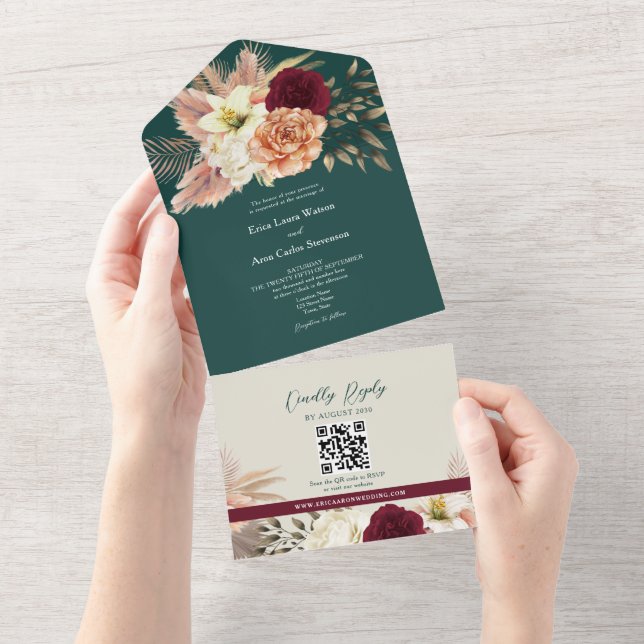 QR Code Fall Floral Wedding All In One Invitation (Tearaway)