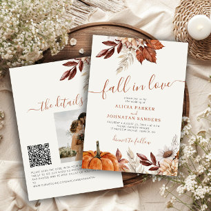 QR code Fall in Love botanical pumpkin wedding Invitation