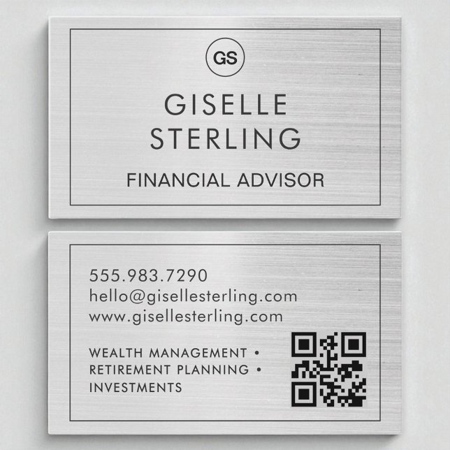 QR Code Financial Advisor Brushed Silver Monogram  Business Card (Creator Uploaded)