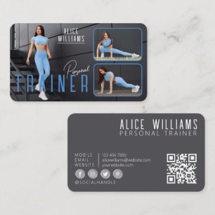 QR Code Fitness Blue & Grey Personal Trainer Photo Business Card
