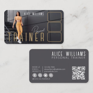 QR Code Fitness Gold & Grey Personal Trainer Photo Business Card