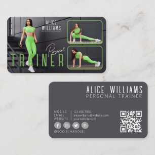 QR Code Fitness Green Grey Personal Trainer Photo Business Card