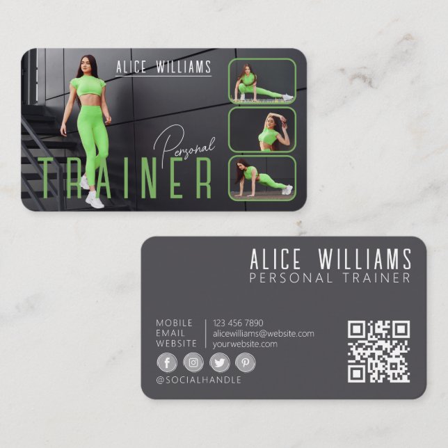 QR Code Fitness Green Grey Personal Trainer Photo Business Card (Front/Back)
