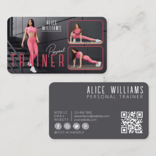 QR Code Fitness Pink & Grey Personal Trainer Photo Business Card
