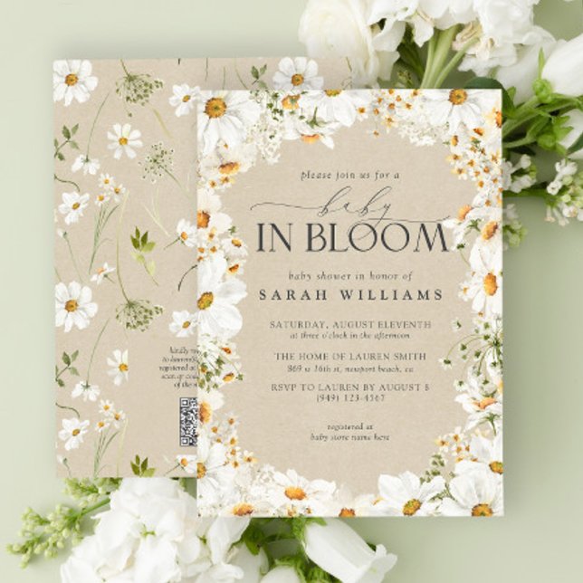 QR Code Floral Daisy Baby in Bloom Rustic Shower Invitation (Easily personalize this Baby Shower Invitation with your personal details for a beautiful event!)