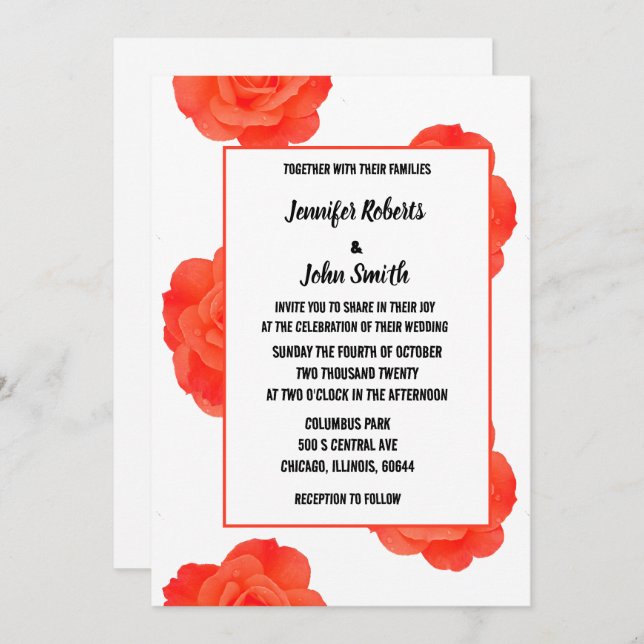 QR Code Floral Orange Rose Patterns Boho Wedding Invitation (Front/Back)