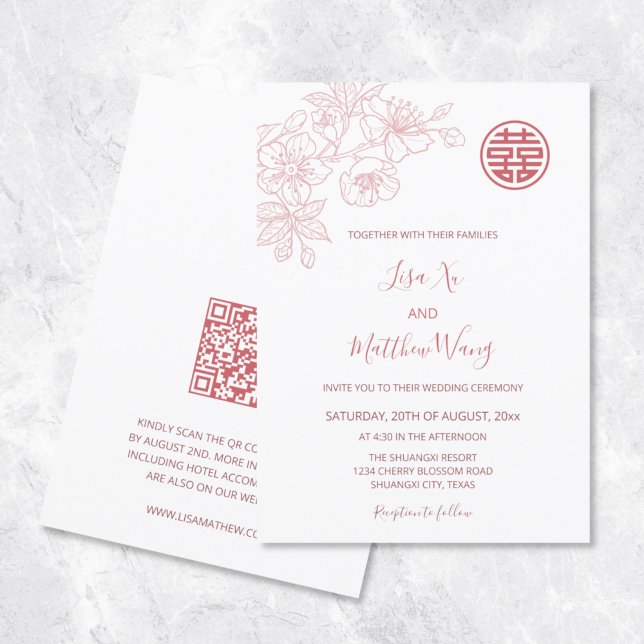 QR Code | Floral  Pink Chinese American Wedding Invitation (Creator Uploaded)
