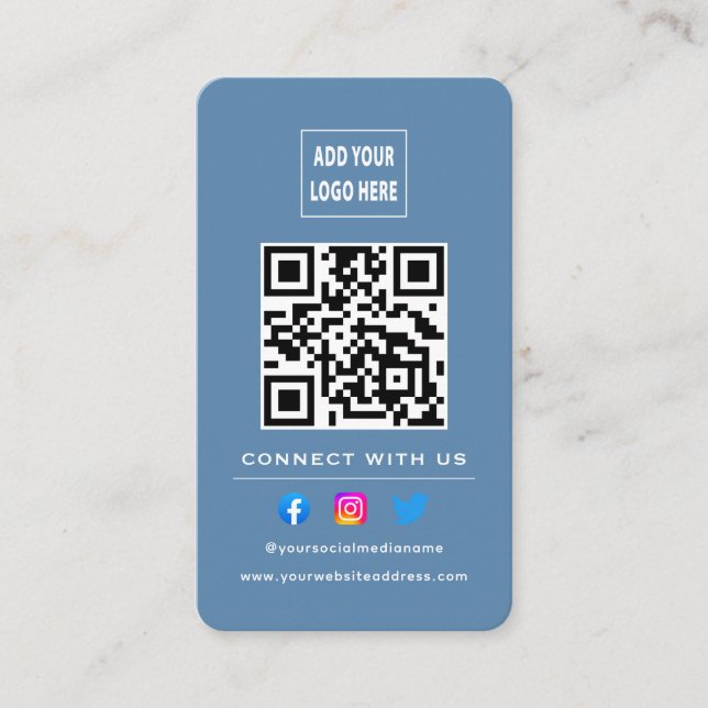 QR Code Follow Scan To Connect With Us Dusty Blue Business Card (Front)