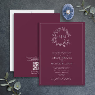 QR Code Formal Burgundy Leafy Crest Monogram Invitation