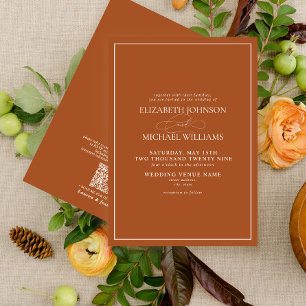 QR Code Formal Burnt Orange Classic Script Wedding Invitation