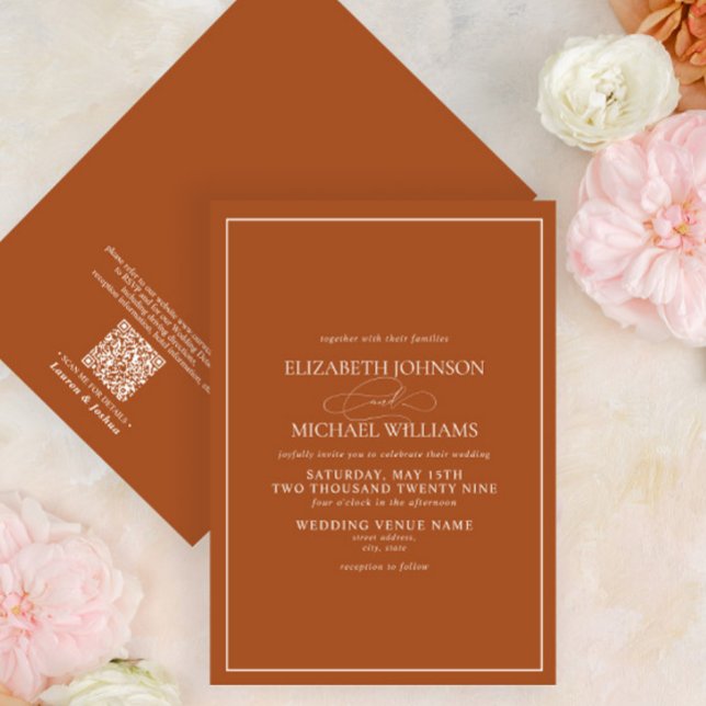 QR Code Formal Burnt Orange Classic Script Wedding Invitation (Creator Uploaded)