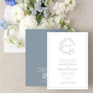 QR Code Formal Dusty Blue Leafy Crest Monogram Invitation